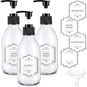 8 oz Amber Glass Soap Dispenser, 250ml Glass Pump Bottle for Body Lotion Massage Oil, Refillable Empty Hand and Dish Soap Dispensers Set with Labels - 3 Pack in Saudi Arabia