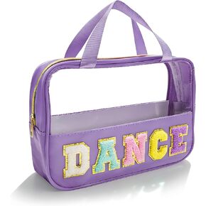 Dance Makeup Bag, Dance Recital Gifts for Girl Women, Chenille Letter Patch Clear Ballet Cosmetic Bag with Handle and Zipper, Waterproof Nylon Travel Toiletry Make Up Bag, Dance Competition Must Haves in Saudi Arabia