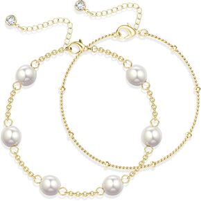 TEN MIRO 16K Gold Plated Bracelet for Women,Gold and Pearl Bracelet Dainty Simple Pearl Bracelets for Womens Non Tarnish Pearl Bracelet Stack Non Tarnish Layered Bracelets for Women in Kuwait