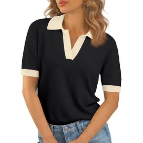 Women's Wool Blend V Neck Polo Sweater Lightweight Short Sleeve Knit Top for Casual and Office Wear in Kuwait