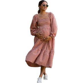 PinkBlush Gingham Long Sleeve Maternity Midi Dress in Kuwait