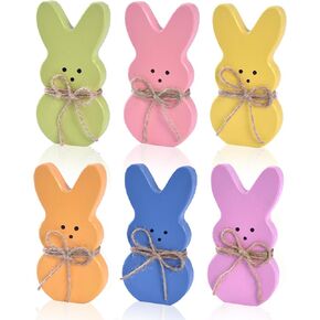 Wooden Easter Bunny Decor, 6PCs Easter Bunnies for Tiered Tray Decorations with Jute Rope, Colorful Rabbits for Spring Decoration for Table Centerpiece Office Shelf Holiday (6 colors) in Kuwait