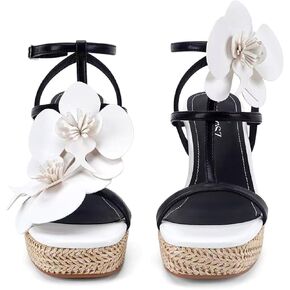 الأزهار مريحة صندل خشبي للنساء 2026 عطلة الرافية الكعوب الكاحل التفاف رياضة قماشية عادية المفتوحة تو منصة أحذية الصيف in Kuwait