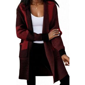 LAJIOJIO Women Knit Long Cardigan Sweaters,Color Block Open Front Long Sleeve Striped Outwear Coats with Pockets in Kuwait