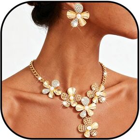 Yonamix African Jewelry Set Gold Flower Statement Necklace Earrings Sets for Women in Saudi Arabia
