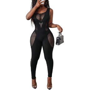 بذلة مثيرة للنساء بدون أكمام مفرغة من القماش الشبكي الشفاف، سراويل سوداء، ملابس نادي رومبير in Kuwait