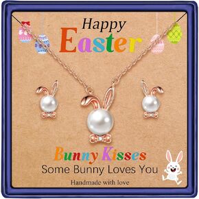 Ritach Easter Basket Stuffers - Easter Gifts Gold/Silver/Rose Gold Bunny Rabbit Necklace Earrings Set Cute Bunny Pearl Jewelry Easters Gifts in Kuwait