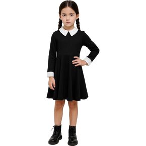 فستان بناتي أسود للأطفال بأكمام طويلة وياقة بيتر بان وياقة بيتر بان فستان تنكري للهالوين in Kuwait