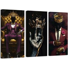 SWQYLB Black Man Canvas Wall Art 3 Pieces African American Pictures Afro King Poster Prints Gold Crown Painting for Men Bedroom Office Decor Framed (Black, 16x8inchx3 Pieces) in Saudi Arabia