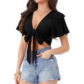 Allegra K Boho قطع علوية قصيرة بربطة أمامية للنساء بأكمام جرس قصيرة مثيرة ورقبة على شكل V عميقة ملابس الشاطئ in Kuwait