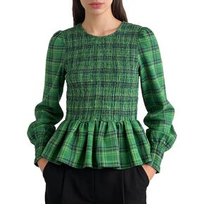 Bozanly Womens Smocked Ruffle Hem Plaid Boluse Vintage Long Lanter Sleeve Shirts Peplum Babydoll Tops in Kuwait