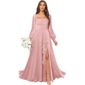 Chiffon Bridesmaid Dresses for Women Long Sleeves Square Neck Ruffle Maxi Formal Evening Gown with Slit in Kuwait