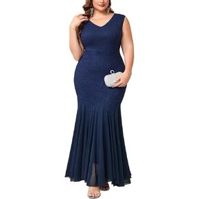 Plus Size Lace Formal Sexy Maxi Dress with Mermaid Mesh V-Neck Off The Shoulder Dress Wedding Cocktail Evening Gown in Kuwait