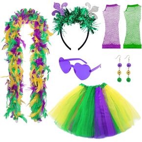 6 Pcs Mardi Gras Costume Accessory Set Tutu Skirt Feather Boa Headband Gloves Sunglasses Earrings for Women Carnival Party in Kuwait