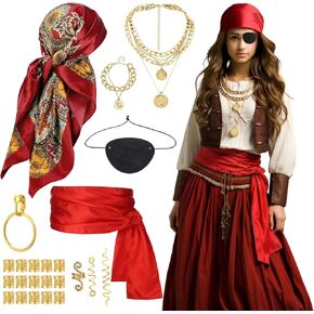24pcs Pirate Costume Accessories Set for Women Pirate Outfit with Head Scarf Sash Necklace Eye Patch Earring Bracelet Hair Clips for Halloween Cosplay Themed Parties Captain in Saudi Arabia
