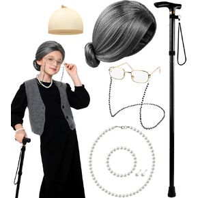 100 Days of School Old Lady Grandma Costume Accessories Set with Wig, Glasses, Cane & Faux Pearl Set in Saudi Arabia