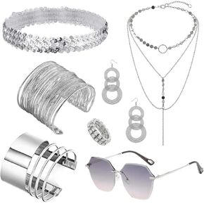 إكسسوارات ديسكو السبعينيات للنساء، سوار رأس ملفوف، قلادة ثلاثية الطبقات، نظارات شمسية، أقراط، خاتم حجر الراين in Kuwait
