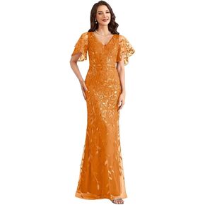 فساتين أم العروس بالترتر طويلة حورية البحر ورقبة على شكل حرف V وأكمام كشكشة مع زينة من الأربطة in Kuwait