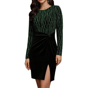 Women's Glitter Crewneck Knot Waist Velvet Split Slit Long Sleeve Cocktail Midi Dress in Kuwait