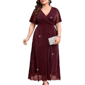 ZOMVA Plus Size Sparkly Maxi Dress V-Neck Wrap Ruffle Sleeve A-Line Glitter Gown Wedding Guest Cocktail Evening Party in Saudi Arabia