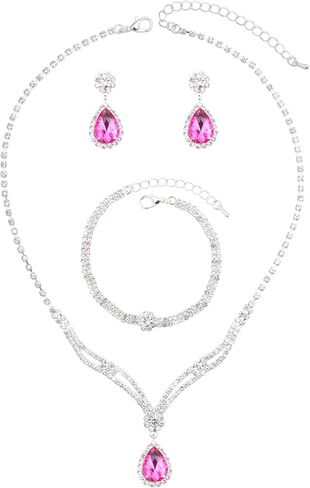 مجموعة مجوهرات الزفاف للسيدات من QLLYHLH، قلادة مطلية بالفضة لوصيفات العروس وأقراط متدلية وسوار من الكريستال النمساوي للعرائس ووصيفات العروس والحفلات التنكرية in Kuwait