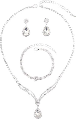 QLLYHLH Woman’s Wedding Jewelry Set Brides Bridesmaid Silver Plated Necklace Dangle Earrings Link Bracelet Austrian Crystal Brides Bridesmaid Prom Costume Party in Saudi Arabia