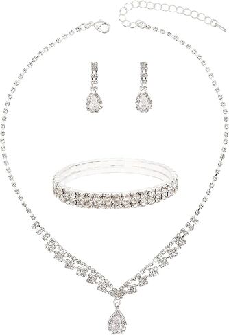 QLLYHLH Woman’s Wedding Jewelry Set Brides Bridesmaid Silver Plated Necklace Dangle Earrings Link Bracelet Austrian Crystal Brides Bridesmaid Prom Costume Party in Saudi Arabia