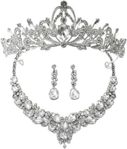 طقم مكون من 3 قطع من تاج الزفاف ومجموعة مجوهرات للعروس، وقلادة على شكل تاج من حجر الراين الكريستالي، وأقراط وسوار لحفلات الزفاف وحفلات الزفاف وحفلات الزفاف وحفلات الملكة in Kuwait