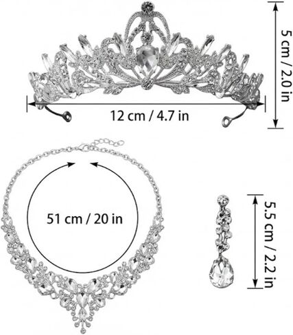 طقم مكون من 3 قطع من تاج الزفاف ومجموعة مجوهرات للعروس، وقلادة على شكل تاج من حجر الراين الكريستالي، وأقراط وسوار لحفلات الزفاف وحفلات الزفاف وحفلات الزفاف وحفلات الملكة in Kuwait