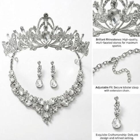 طقم مكون من 3 قطع من تاج الزفاف ومجموعة مجوهرات للعروس، وقلادة على شكل تاج من حجر الراين الكريستالي، وأقراط وسوار لحفلات الزفاف وحفلات الزفاف وحفلات الزفاف وحفلات الملكة in Kuwait
