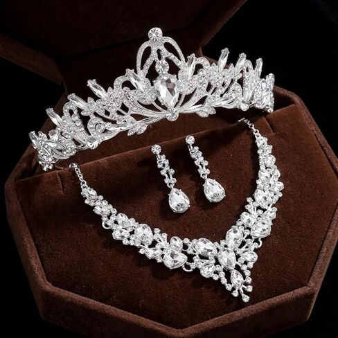طقم مكون من 3 قطع من تاج الزفاف ومجموعة مجوهرات للعروس، وقلادة على شكل تاج من حجر الراين الكريستالي، وأقراط وسوار لحفلات الزفاف وحفلات الزفاف وحفلات الزفاف وحفلات الملكة in Kuwait