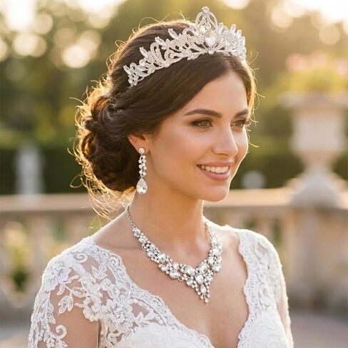 طقم مكون من 3 قطع من تاج الزفاف ومجموعة مجوهرات للعروس، وقلادة على شكل تاج من حجر الراين الكريستالي، وأقراط وسوار لحفلات الزفاف وحفلات الزفاف وحفلات الزفاف وحفلات الملكة in Kuwait
