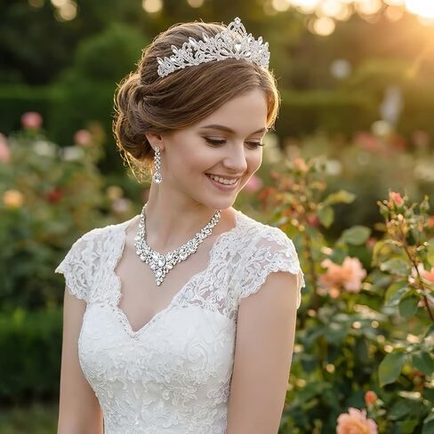 طقم مكون من 3 قطع من تاج الزفاف ومجموعة مجوهرات للعروس، وقلادة على شكل تاج من حجر الراين الكريستالي، وأقراط وسوار لحفلات الزفاف وحفلات الزفاف وحفلات الزفاف وحفلات الملكة in Kuwait