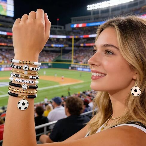 Soccer Bracelet Earrings for Soccer Mom Sports Beaded Stretch Bracelet for Game Day Fan Outfits Jewelry Soccer Party Favors Accessories in Saudi Arabia