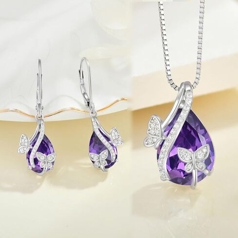 Butterfly Jewelry Set for Women 925 Sterling Silver Amethyst Necklace Earrings February Birthstone Gifts for Her in Kuwait