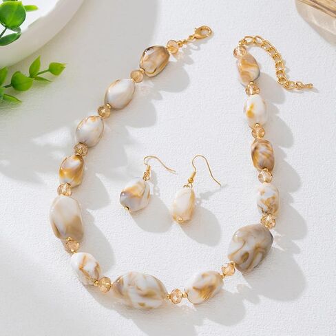 Long Pearl Necklaces for Women Chunky Beaded Boho Necklace Irregular Natural Stone Earring and Necklace Set in Kuwait