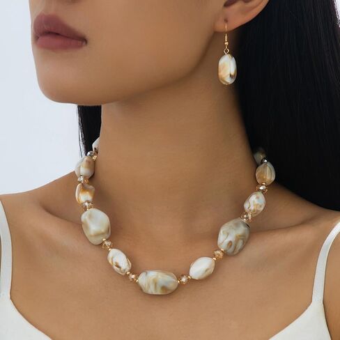 Long Pearl Necklaces for Women Chunky Beaded Boho Necklace Irregular Natural Stone Earring and Necklace Set in Kuwait