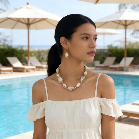 Long Pearl Necklaces for Women Chunky Beaded Boho Necklace Irregular Natural Stone Earring and Necklace Set in Kuwait