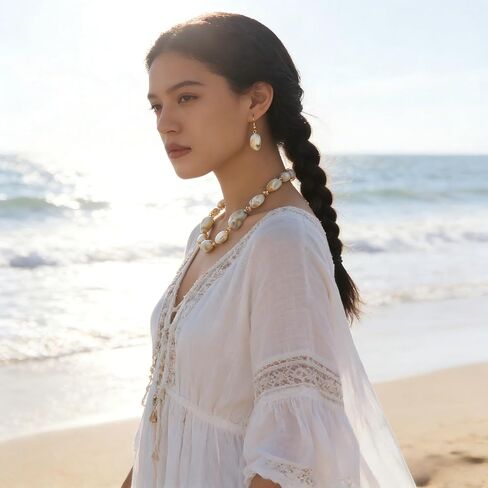 Long Pearl Necklaces for Women Chunky Beaded Boho Necklace Irregular Natural Stone Earring and Necklace Set in Kuwait