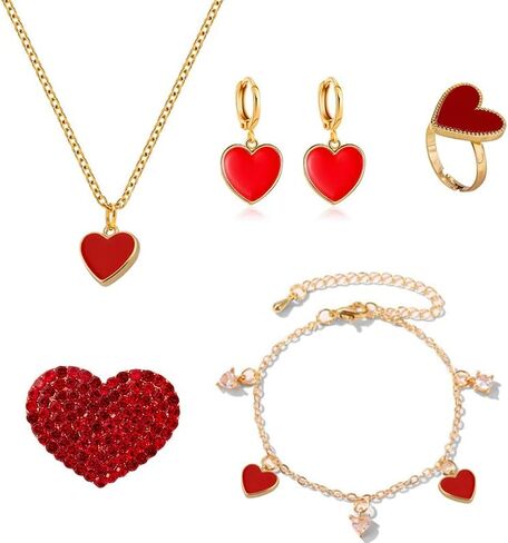 ONLYJUMP 5 Pairs Red Love Heart Earrings Necklace Bracelet and Ring Jewelry Set for Women Cute Crystal Heart Brooches red Enamel Trendy Simple Jewelry in Saudi Arabia