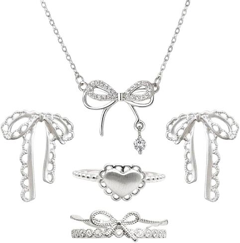 Silver Bow Jewelry Set for Women, 4Pcs Ballet Lace Bow Necklace Earrings Heart Ring Bow Ring, Romantic Valentines Day Jewelry Gift Set with Adjustable Clasp in Saudi Arabia