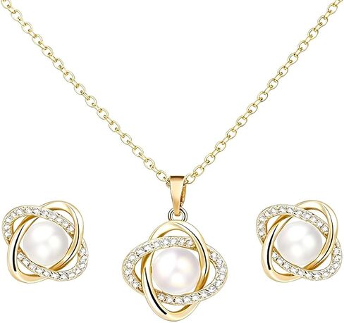 Gold Plated and Silver Tone Pearl Necklace and Earring Set,Elegant Classy Pearl Jewelry Sets for Women,Dainty Necklace and Stud Earrings Gifts for Wedding Prom Party in Kuwait
