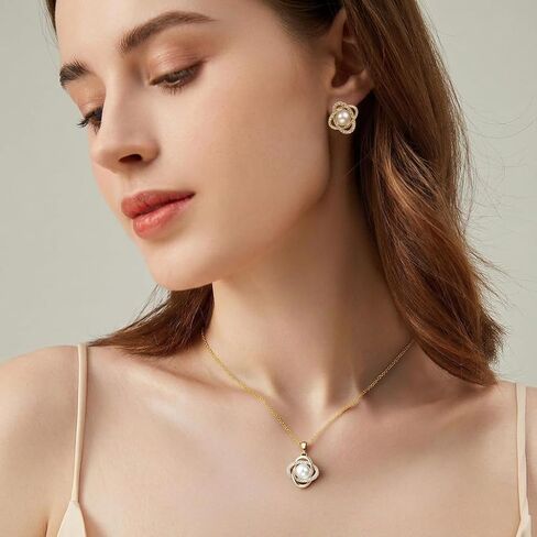 Gold Plated and Silver Tone Pearl Necklace and Earring Set,Elegant Classy Pearl Jewelry Sets for Women,Dainty Necklace and Stud Earrings Gifts for Wedding Prom Party in Kuwait