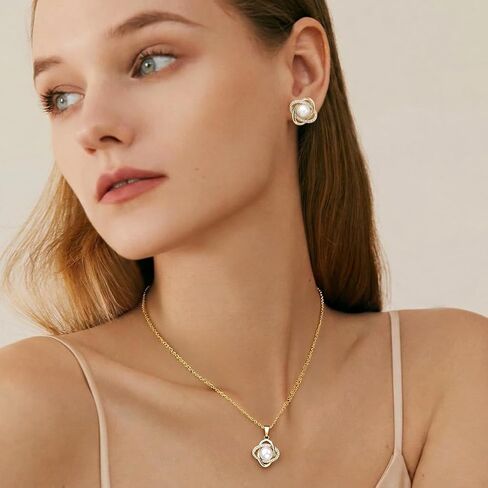 Gold Plated and Silver Tone Pearl Necklace and Earring Set,Elegant Classy Pearl Jewelry Sets for Women,Dainty Necklace and Stud Earrings Gifts for Wedding Prom Party in Kuwait