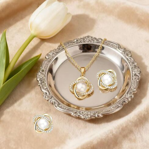Gold Plated and Silver Tone Pearl Necklace and Earring Set,Elegant Classy Pearl Jewelry Sets for Women,Dainty Necklace and Stud Earrings Gifts for Wedding Prom Party in Kuwait