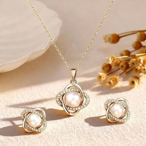 Gold Plated and Silver Tone Pearl Necklace and Earring Set,Elegant Classy Pearl Jewelry Sets for Women,Dainty Necklace and Stud Earrings Gifts for Wedding Prom Party in Kuwait