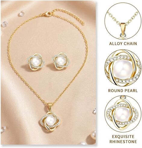 Gold Plated and Silver Tone Pearl Necklace and Earring Set,Elegant Classy Pearl Jewelry Sets for Women,Dainty Necklace and Stud Earrings Gifts for Wedding Prom Party in Kuwait