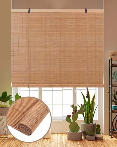 FoundGo Retro Bamboo Blinds 30 "W x 64" H الخيزران الروماني ظلال تصفية الضوء نشمر الستائر العمياء لمداخل النوافذ في الأماكن المغلقة في الهواء الطلق البني in Kuwait
