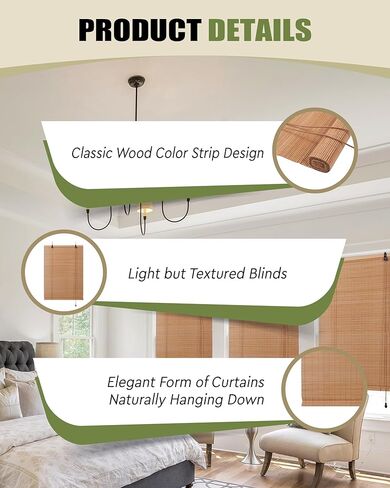 FoundGo Retro Bamboo Blinds 30 "W x 64" H الخيزران الروماني ظلال تصفية الضوء نشمر الستائر العمياء لمداخل النوافذ في الأماكن المغلقة في الهواء الطلق البني in Kuwait