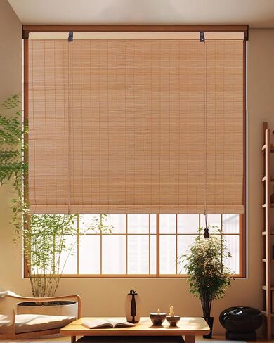 FoundGo Retro Bamboo Blinds 30 "W x 64" H الخيزران الروماني ظلال تصفية الضوء نشمر الستائر العمياء لمداخل النوافذ في الأماكن المغلقة في الهواء الطلق البني in Kuwait
